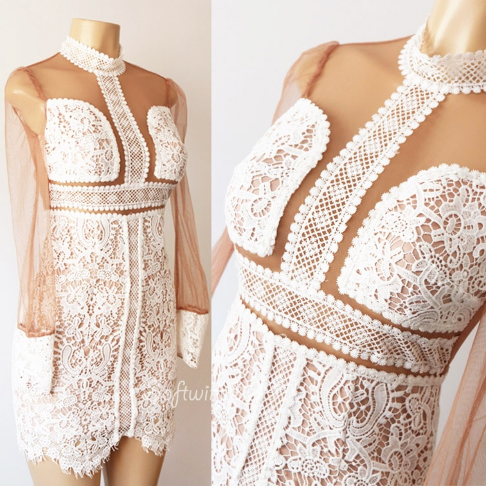 Ivory Nude Crochet Lace Mock Illusion Sheath Dress - Picture 1 of 8